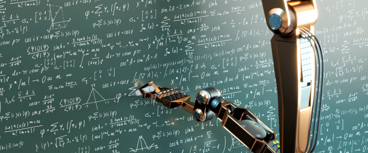 Robot arm writing an equation on a chalk board